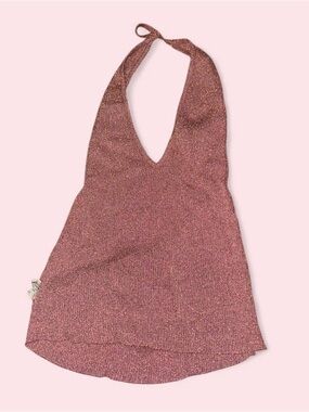 Sparkle Halter V-Neck Women's Top - Rose Metallic
